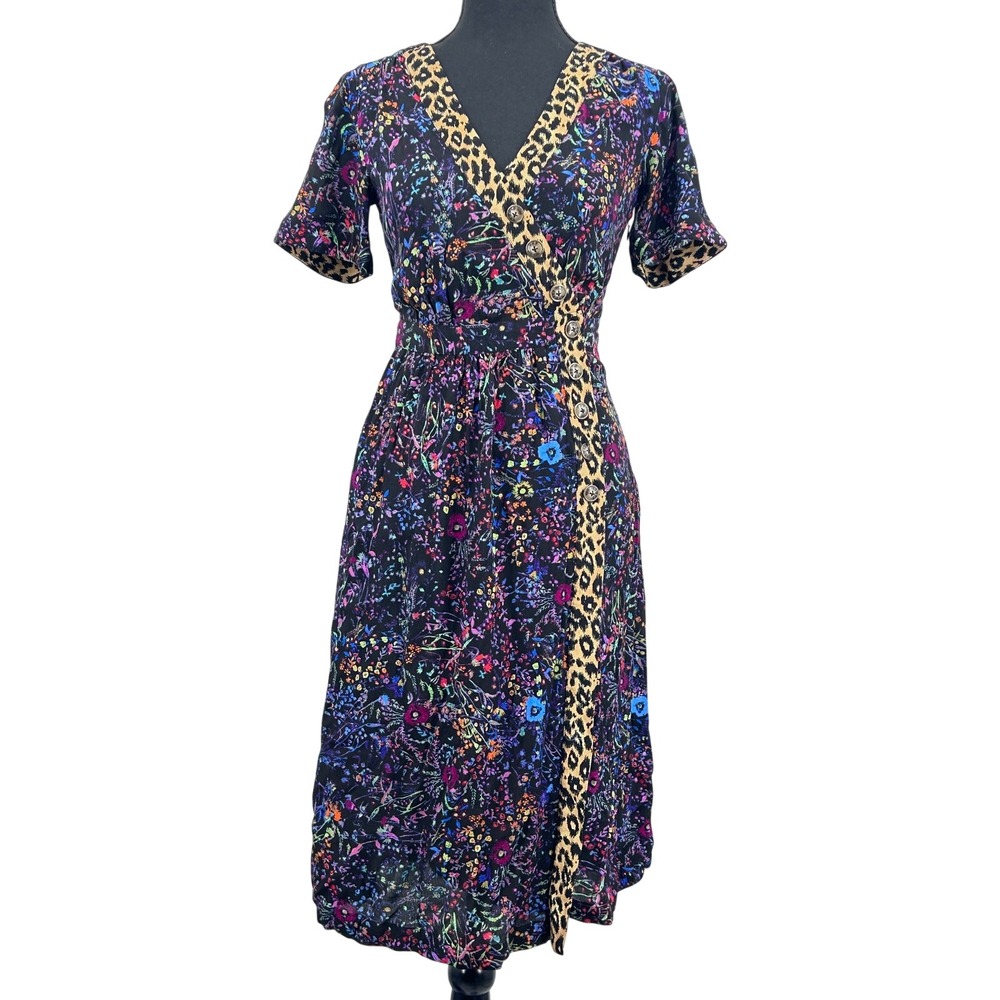 Anthropologie Maeve Morgan Wrap Derby Dress Womens Midi Floral Leopard Sz 0 XS - Picture 3 of 9